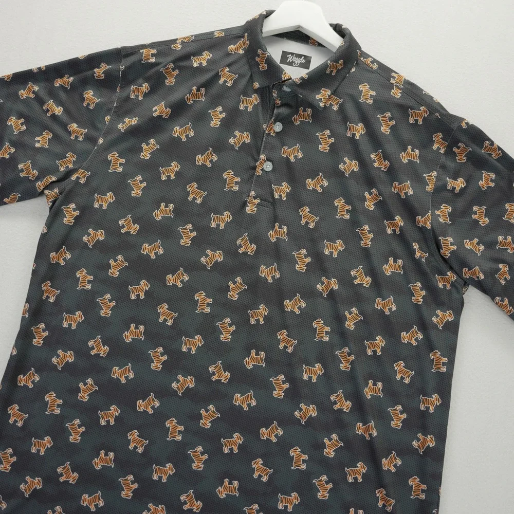 Waggle Golf Polo Mens XL Charcoal Grey Tiger Goat Print Performance Shirt Short - Picture 1 of 7